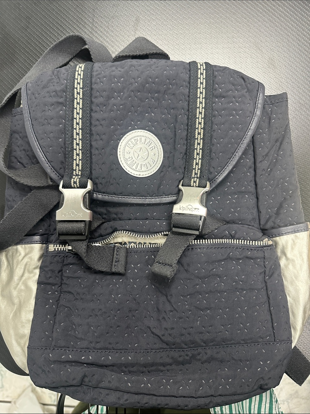 Kipling Black Quilted Backpack with Silver Accents